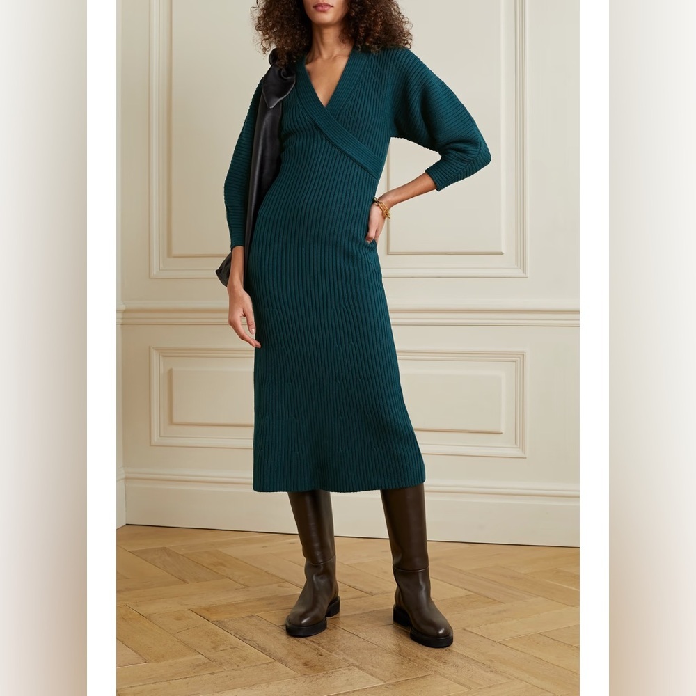 Mara Hoffman Samira Wrap Effect Ribbed Sweater Midi Dress - Teal Blue - Size XS